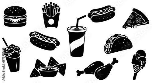 Fast food collection black and white silhouettes.