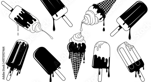 Collection of melting ice cream and popsicles in black and white line art style.