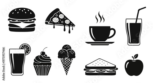 Collection of black and white food and drink icons.