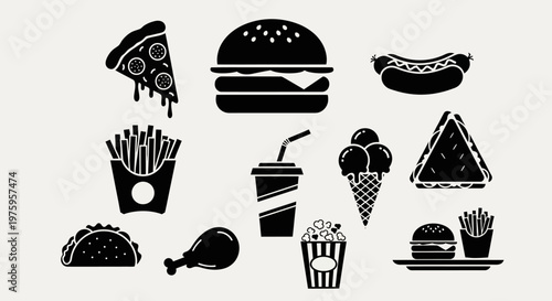 Fast food icons set with pizza, hamburger, hot dog, fries, soda, ice cream, taco, chicken, popcorn, and burger combo.