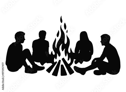 Campfire silhouette vector illustration of friends gathered around fire at night, perfect for camping, adventure, nature, and outdoor leisure graphics.