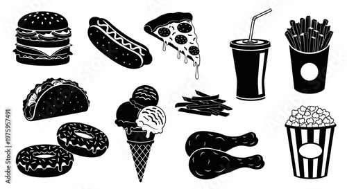 Fast food collection, delicious snacks and drinks in black and white.