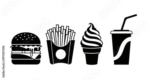 Fast Food Meal Icons - Burger, Fries, Ice Cream, and Soda.