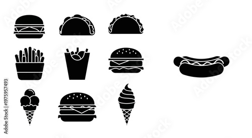 Fast food icons set including burgers tacos fries hot dogs and ice cream.