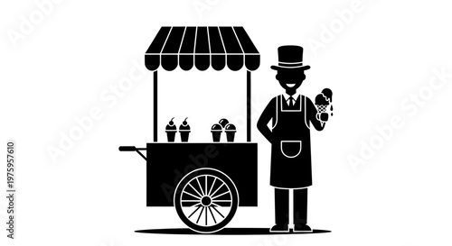 Ice cream vendor with cart selling frozen treats.