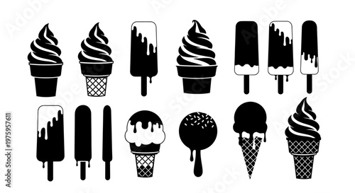 Collection of various ice cream and popsicle silhouettes with dripping details.