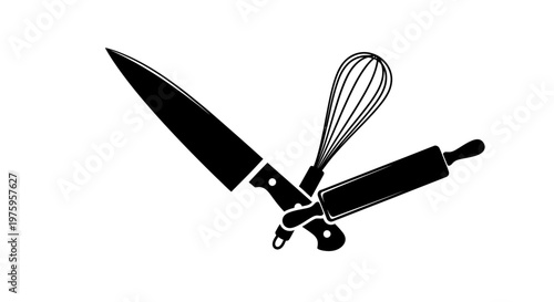 Kitchen Utensils Silhouette with Chef Knife Whisk and Rolling Pin.
