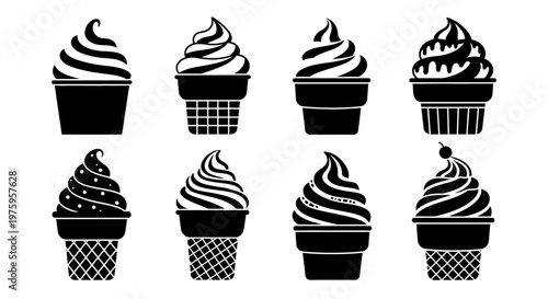 Collection of various ice cream cones and cups in black and white silhouette.