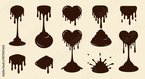 Melted chocolate drips and splashes set.