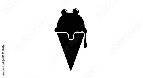 Melted ice cream cone with frog eyes, black and white illustration.
