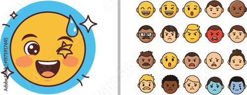 A colorful vector set featuring a large sweating emoji with star eyes and a collection of diverse human avatars with various skin tones, hair styles, and facial expressions representing many moods.