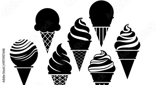 Collection of various ice cream cones and soft serve desserts.