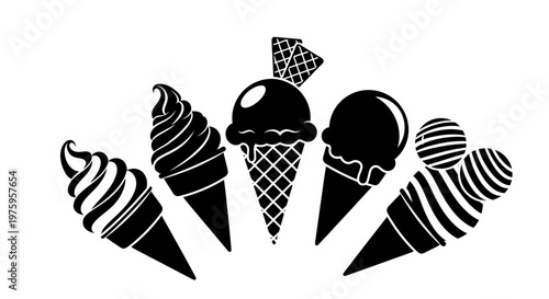 Collection of various ice cream cones in black and white silhouette.