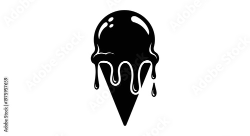 Melting ice cream cone black and white illustration.