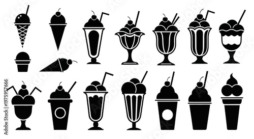 Collection of various ice cream desserts and milkshakes in different cups and cones.