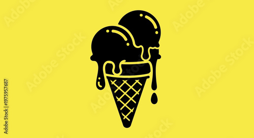 Melting Ice Cream Cone on Yellow Background.