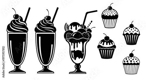 Delicious dessert and drink silhouettes featuring milkshakes sundaes and cupcakes.