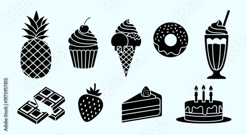 Delicious dessert and fruit icons set, sweet treats and healthy snacks collection.