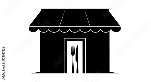 Restaurant building silhouette with fork and knife icon.