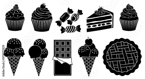 Delicious dessert collection featuring cupcakes, candies, cake, ice cream, chocolate, and pie.