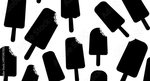 Seamless pattern of black popsicle silhouettes with bites on white background.