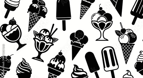 Seamless pattern of various ice cream treats in black and white.