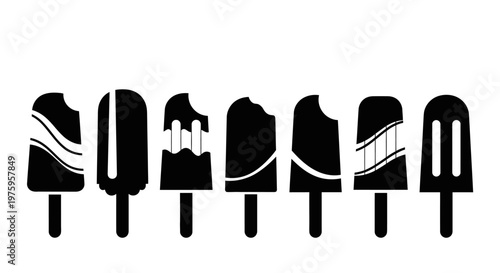 Set of black and white ice cream silhouettes with various bites and patterns.