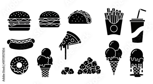 Delicious Fast Food Collection - Burgers, Pizza, Hot Dogs, Fries, and Ice Cream.