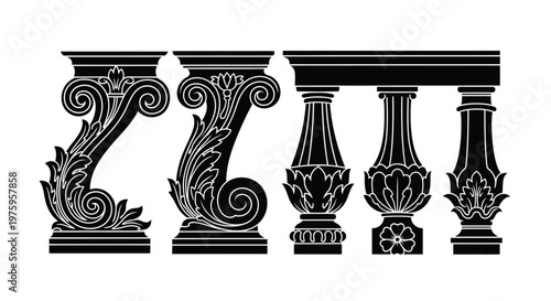 Set of decorative architectural elements, including ornate columns and balusters, in a classic style, isolated on a white background.