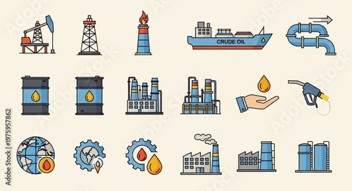 Oil and Gas Industry Icons - Extraction, Transportation, and Processing.