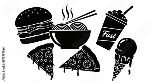 Delicious Fast Food Collection Silhouettes on White Background.