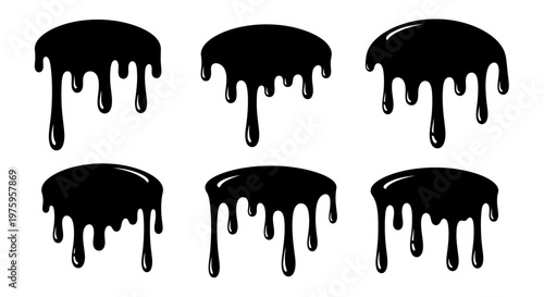 Set of black dripping paint or tar isolated on white background.