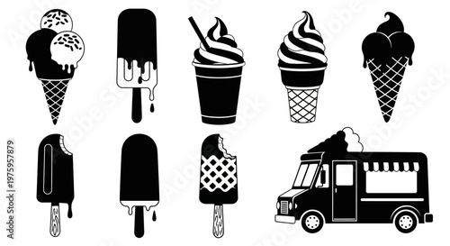 Delicious ice cream and frozen treats collection with a classic food truck.