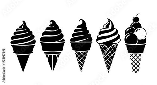 Set of five delicious ice cream cones in various styles.