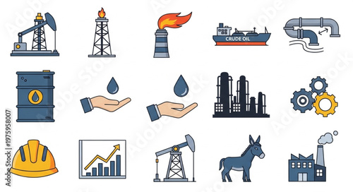 Oil and Gas Industry Icons - Production, Transportation, and Processing.