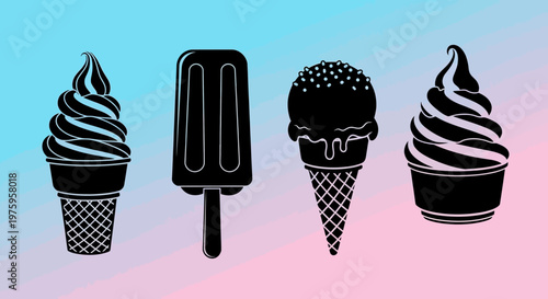 Silhouettes of various frozen desserts including ice cream cones and a popsicle against a vibrant gradient background.