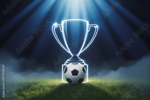 Soccer trophy with ball under spotlight on stadium grass
