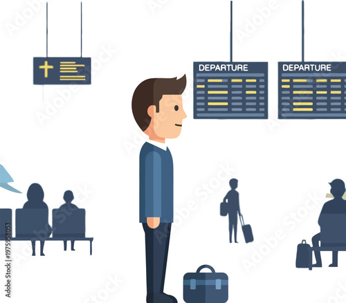 Passenger waits patiently for a departing flight in the busy airport.