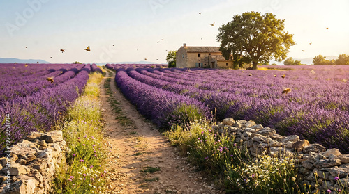 Lavender field landscape with dirt road and stone wall during daytime sunlight