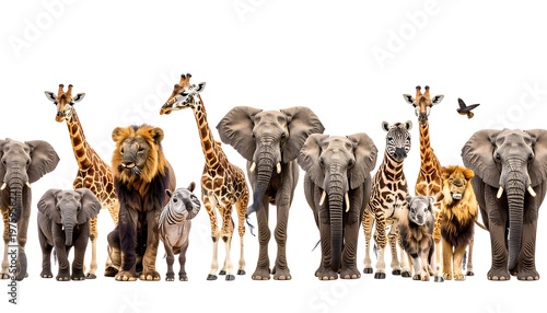 Diverse African wildlife elephants, giraffes, lions, & zebras standing together on a stark white background