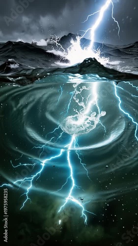 Dark clouds loom as lightning flashes over swirling ocean waves in an awe-inspiring display