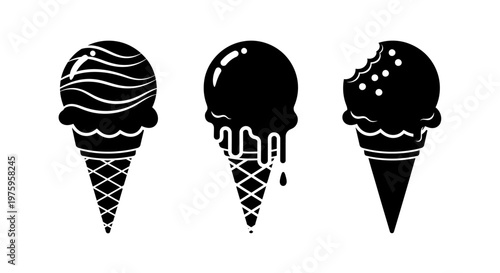 Three Delicious Ice Cream Cones with Various Toppings and Textures.