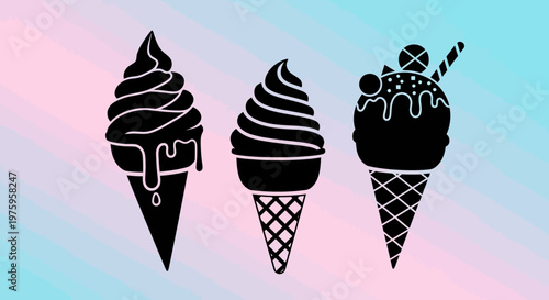 Three delicious ice cream cones with various toppings.