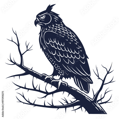 Owl, perched bird, dark blue silhouette, wildlife illustration, vector graphic