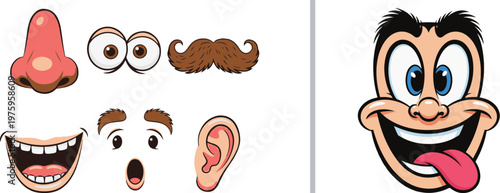 A vector set of cartoon facial parts including a nose, eyes, mustache, ear, and mouths, shown both as individual elements and assembled into a funny, expressive character face with a lolling tongue.