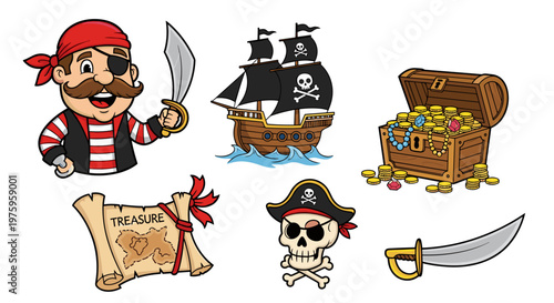 A colorful vector graphic illustration of pirate icons and symbols on a white background