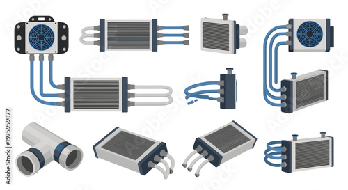 A collection of various heat exchanger components and designs in a vector graphic illustration