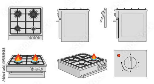A detailed vector illustration of a gas stove with various views and components
