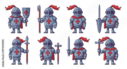 A set of cartoon knights in various poses with red crosses and capes