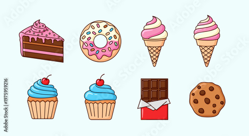 A colorful vector graphic illustration of various sweet desserts including cake, donuts, ice cream, cupcakes, chocolate, and cookies.